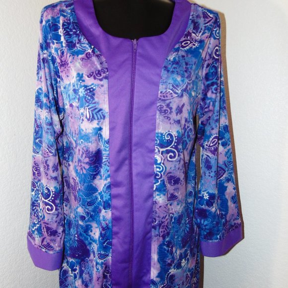 Vintage 1990s Purple Floral Zipper Front Caftan - Picture 3 of 4